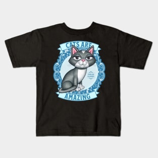 Cute Gray White Kitty Cat on Teal Cats are Amazing Kids T-Shirt